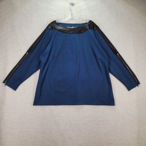 Seth Aaron Turquoise Boat Neck Faux Leather Zipper Long Sleeves Grunge Top